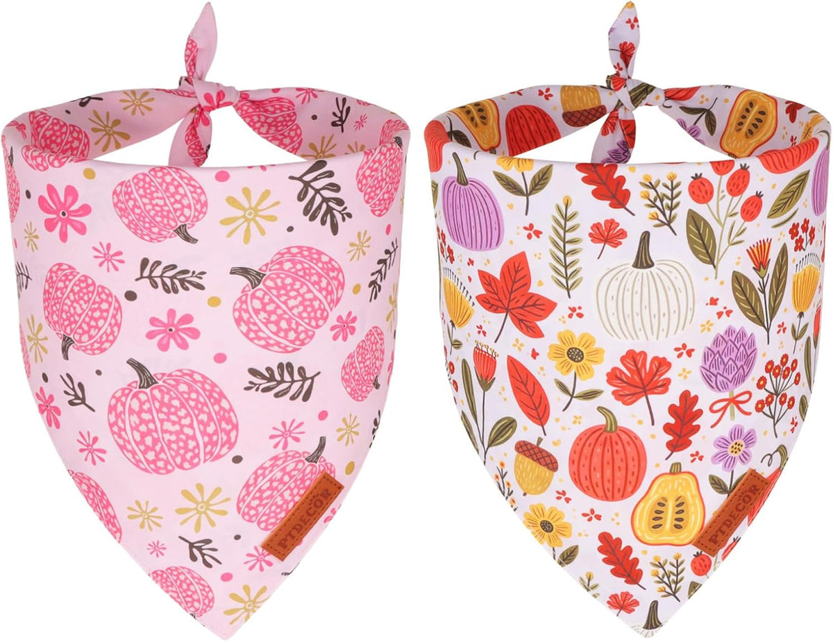 PTDECOR Pink Fall Dog Bandanas, Floral Pumpkin Fall Pet Scarf, Large
