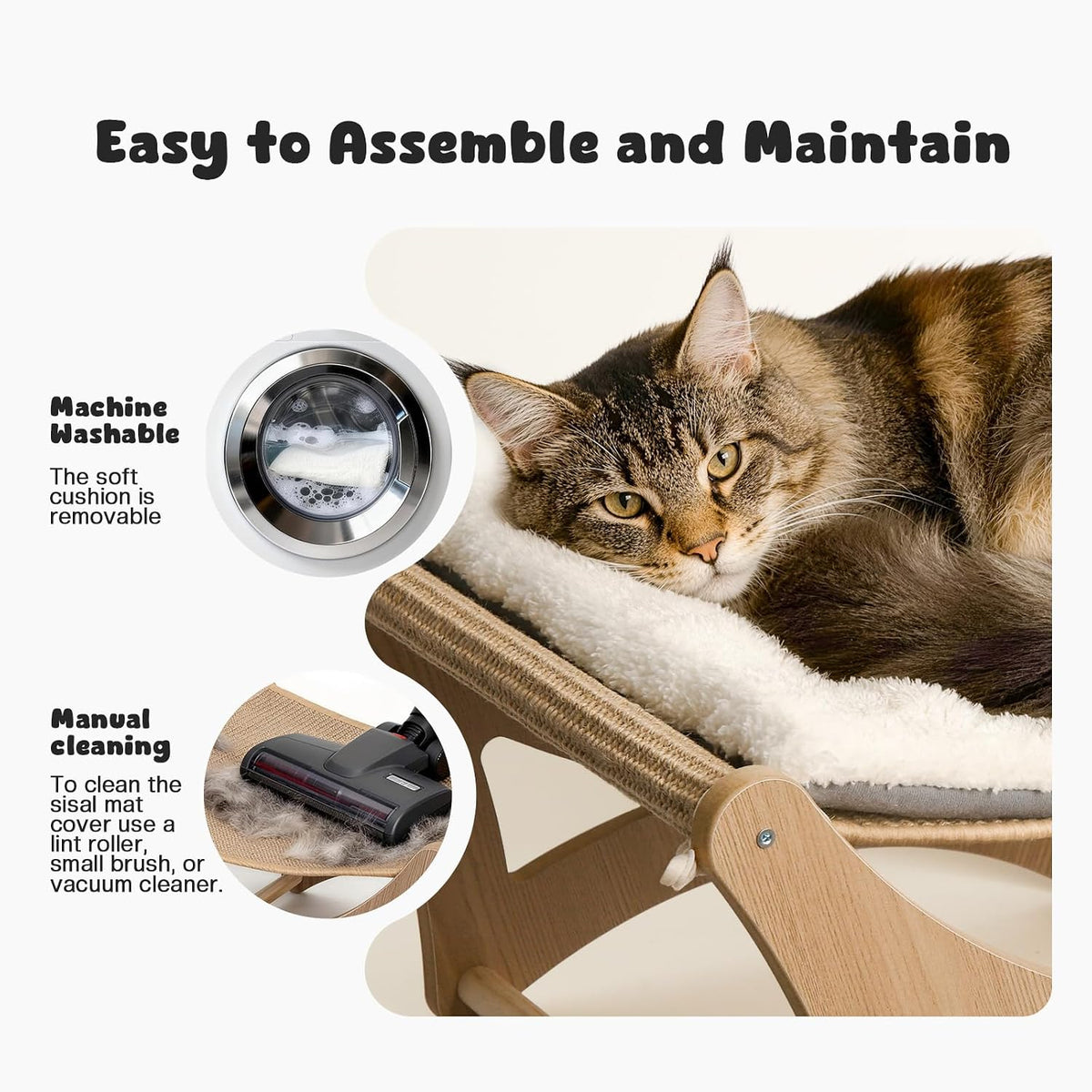 Cat Hammock Bed, Wooden Elevated Cat Beds with Natural Sisal Scratching Mat, Cats Scratcher Bed with Removable Soft Cush