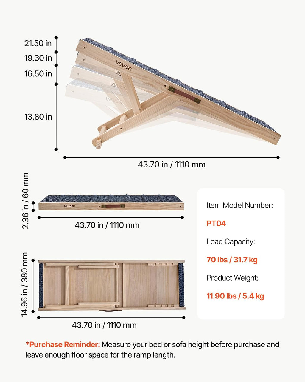VEVOR Dog Ramp for Bed 13.8"-21.5" 4 Adjustable Height Foldable Pet Ramp