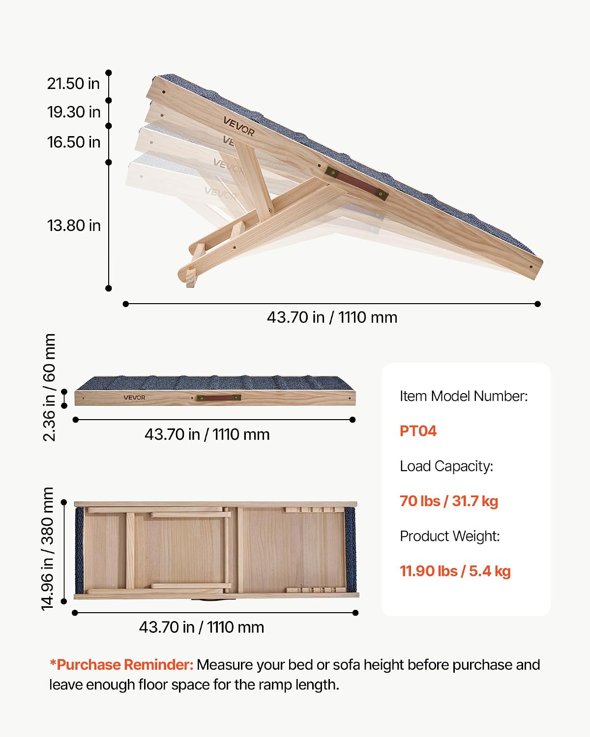 VEVOR Dog Ramp for Bed 13.8"-21.5" 4 Adjustable Height Foldable Pet Ramp