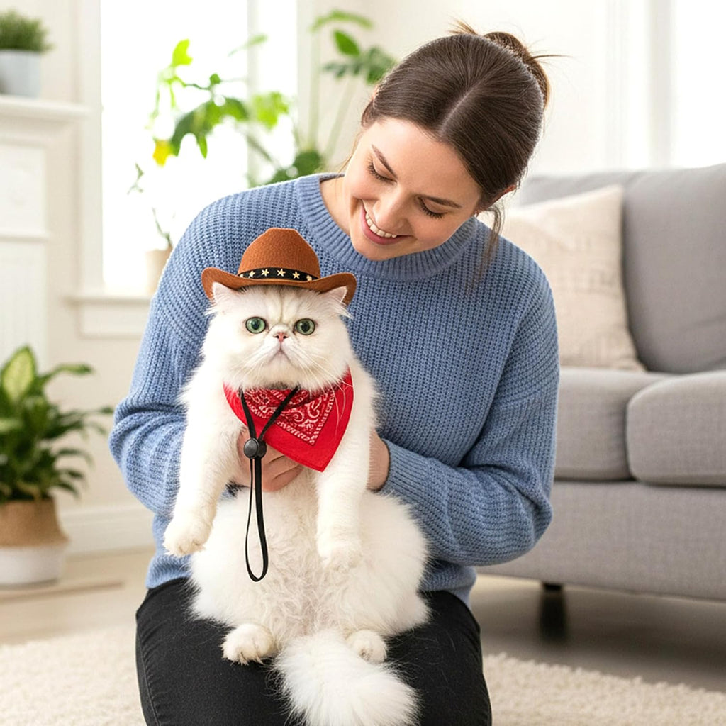 Pet Cowboy Costume, Dog Cowboy Hat with Bandana Scarf, Adjustable Cat Cowboy Hat for Party Cosplay Christmas, Halloween 