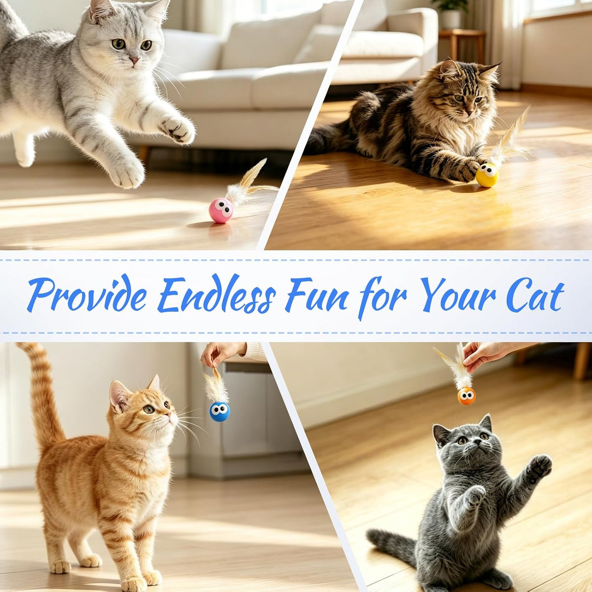 4 Pack Bouncing Ball Cat Toys, Elastic Rubber Balls with Feather Tails