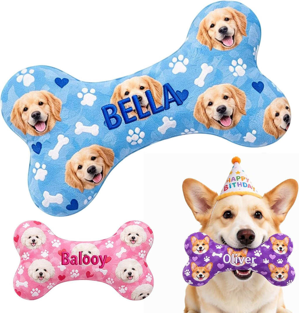 Personalized dog bone toy, embroidered pet name plush stuffed gift