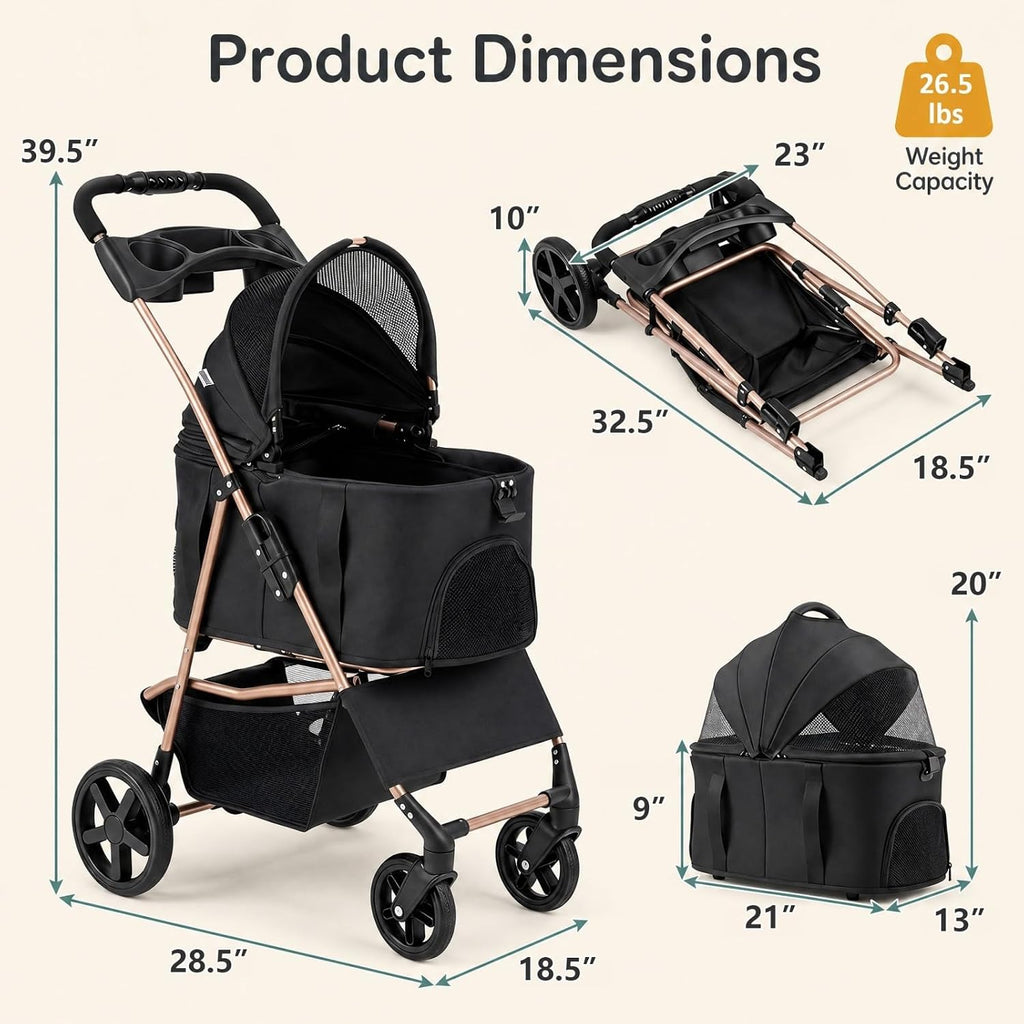 GIANTEX Dog Stroller for Small Dogs & Cats with Detachable Carrier (Black)