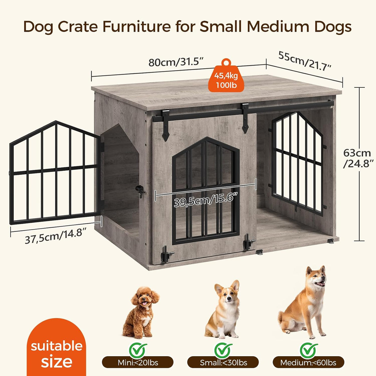 MAHANCRIS Dog Crate Furniture, 31.5" Farmhouse Dog Kennel with Sliding Barn Door, Wooden Dog Cage for Small Medium Dogs,