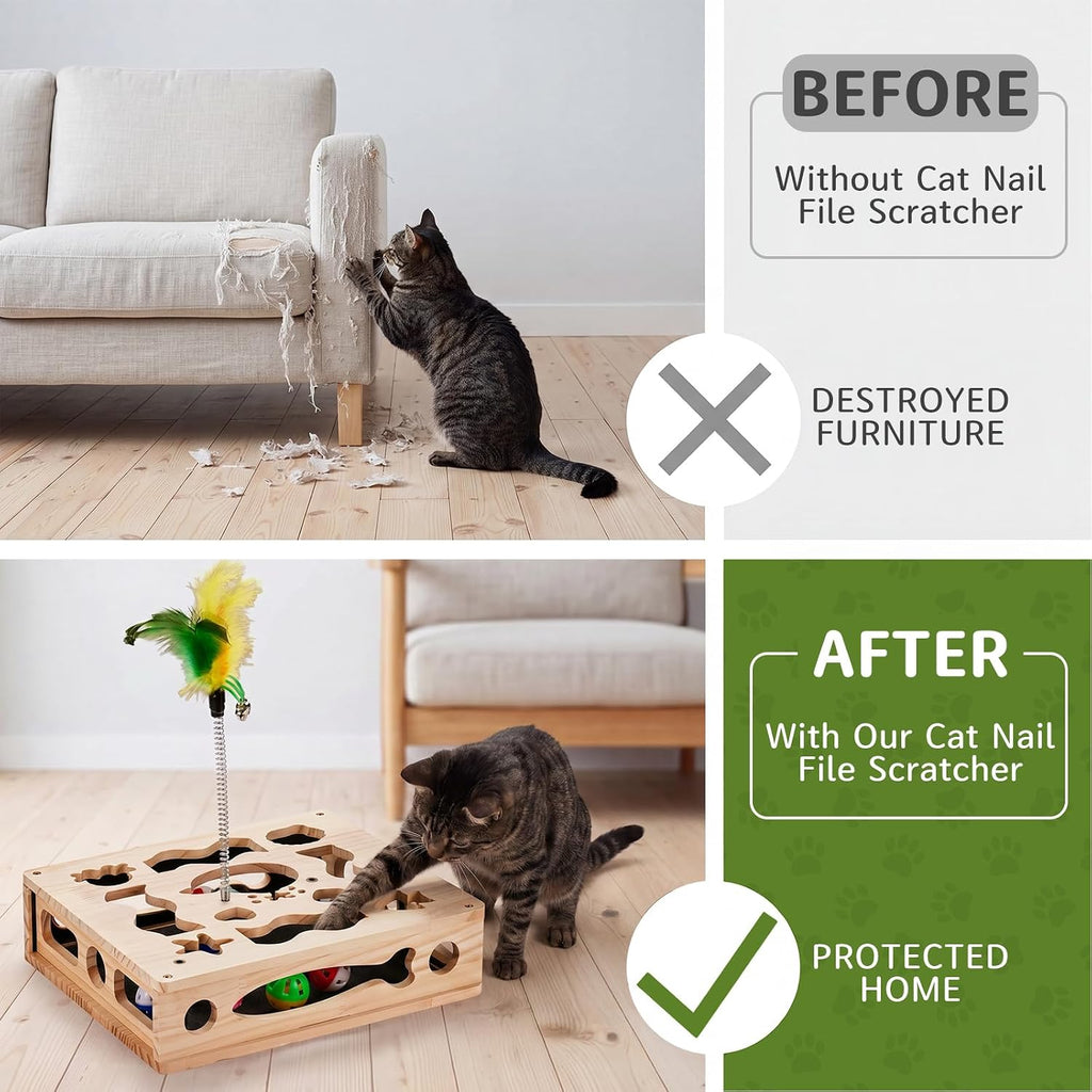 Cat Nail File Scratcher Box, 4-in-1 Interactive Wooden Scratch Puzzle Toy