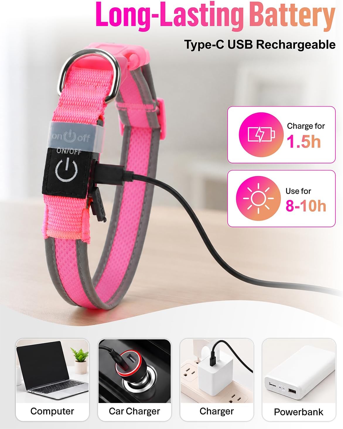 Taglory Light Up Dog Collar for Night Walking, LED Rechargeable, Hot Pink M