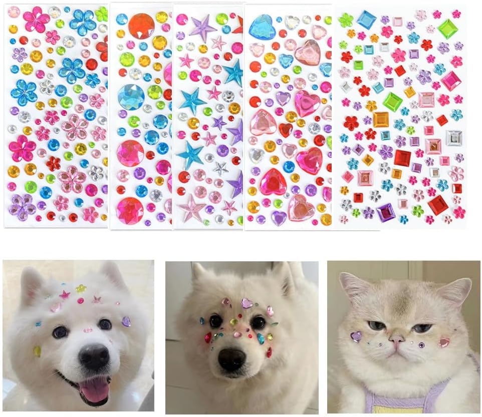 10 Sheets Pet Grooming Decorative Hair Diamond Sticker, Dazzling Gems Rhinestones DIY Sticker for Puppy Kitten Grooming,