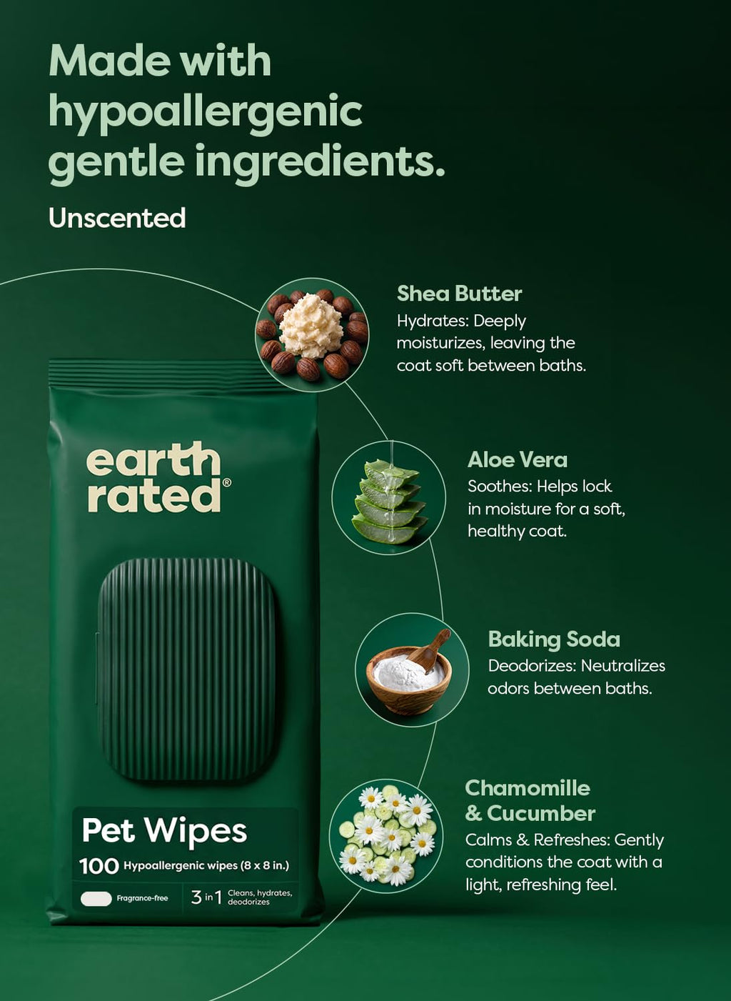 Earth Rated Dog Wipes for Paws & Butt, Deodorizing, Unscented, 100ct