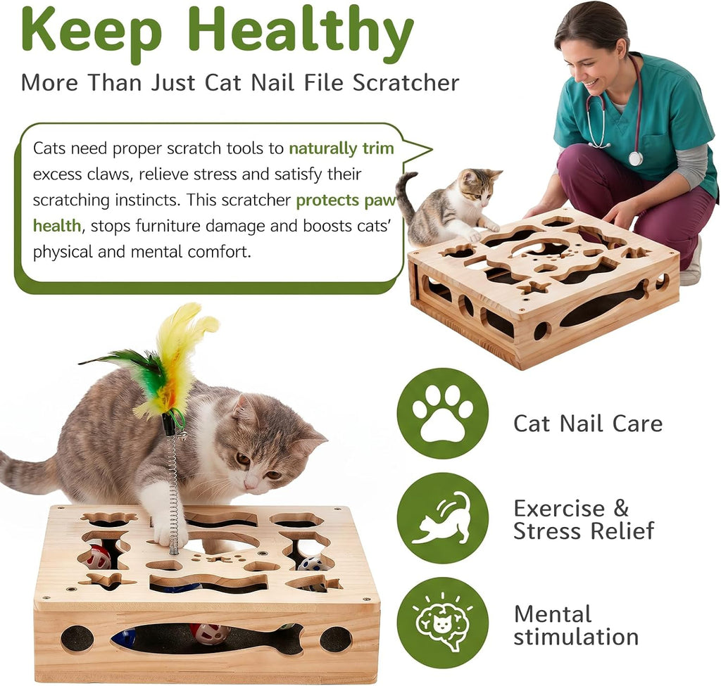 Cat Nail File Scratcher Box, 4-in-1 Interactive Wooden Scratch Puzzle Toy