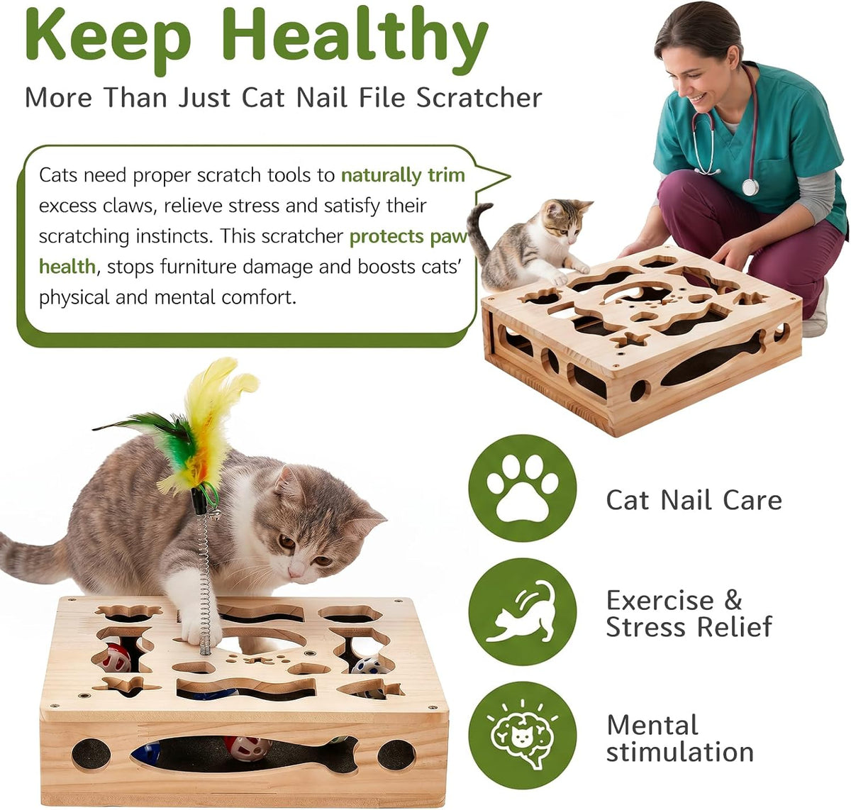 Cat Nail File Scratcher Box, 4-in-1 Interactive Wooden Scratch Puzzle Toy
