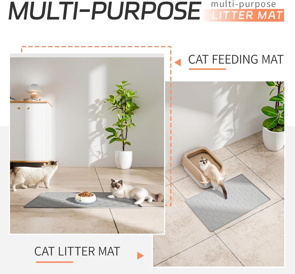 Silicone Cat Litter Mat, 24"x16", Raised Edge Waterproof, Grey
