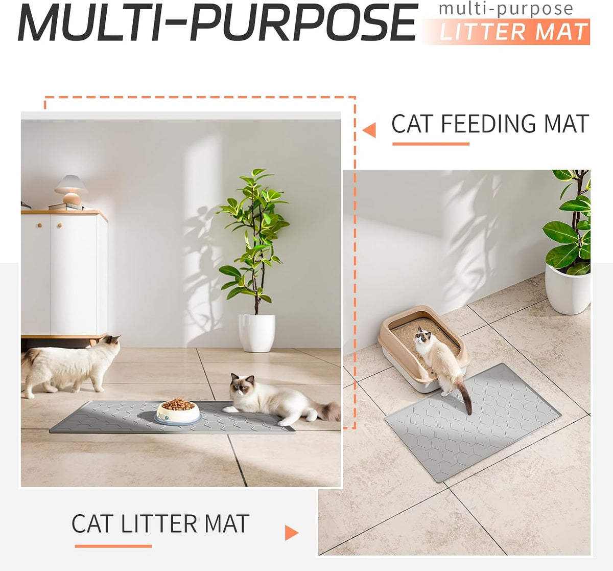 Silicone Cat Litter Mat, 24"x16", Raised Edge Waterproof, Grey