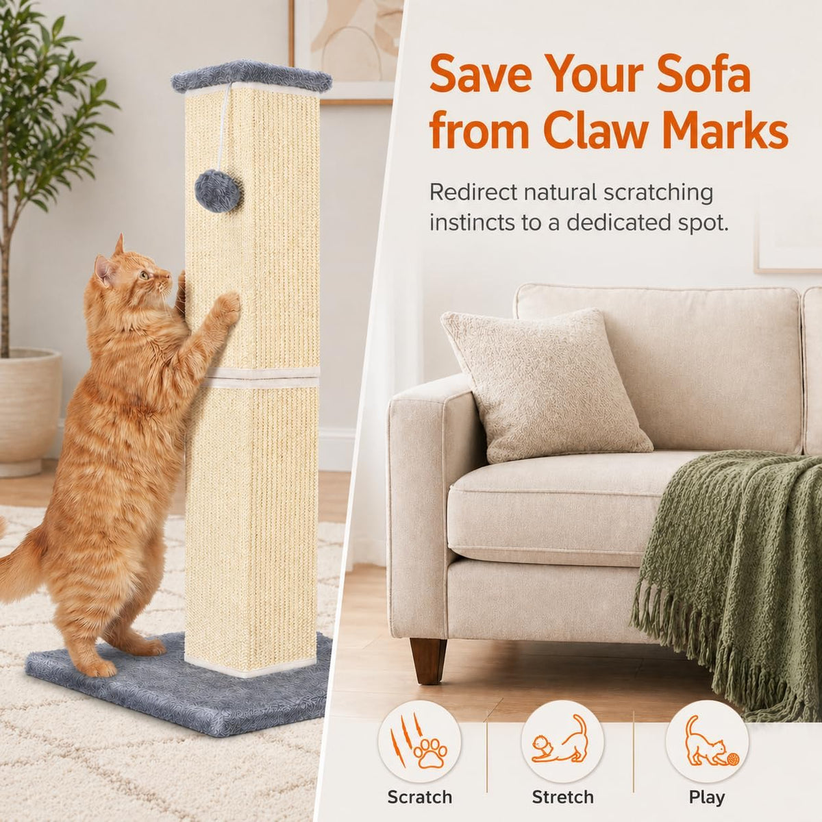 Cat Scratching Post for Indoor Cat, 32 Inch Large Cat Scratcher Grey