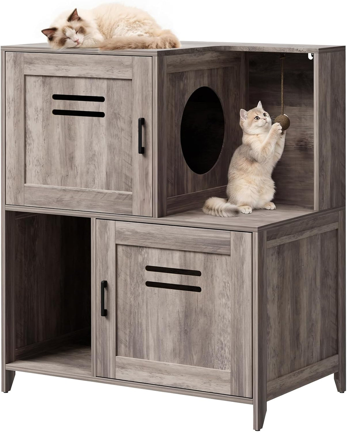 Wooden Cat Litter Box Enclosure Furniture, Double‑Tier Hidden Cat Litter Cabinet with Sisal Hanging Ball & Ventilation H