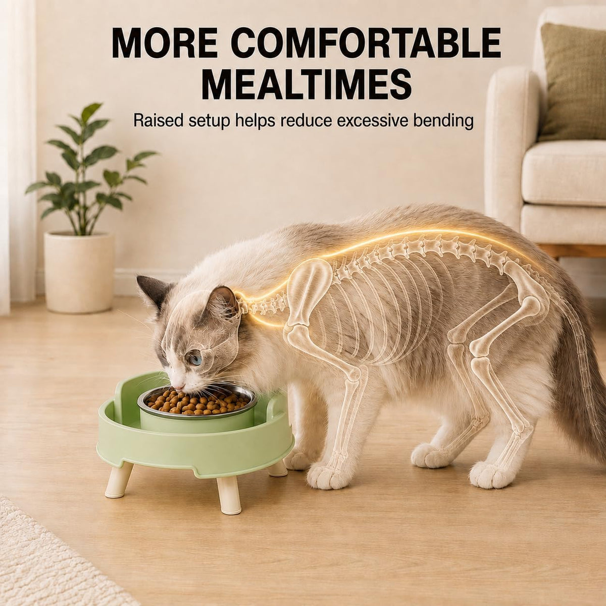 Ant Proof Elevated Cat Bowls with Stainless Steel Bowls (Green-2Pcs)