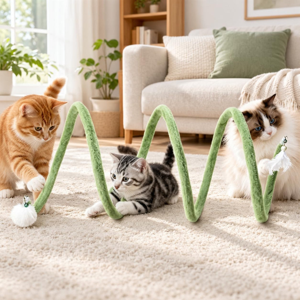 Shapeable Bendable Plush Spiral Cat Tunnel Toy with Bell & Feather 28*12in