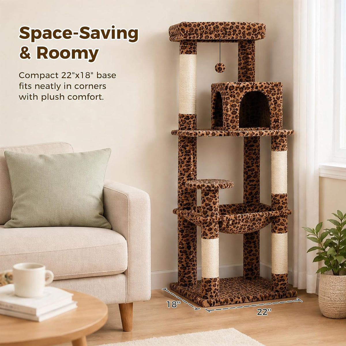 PETEPELA Leopard Print Cat Tree, 56in 4-Tier Cat Tower for Indoor Cats