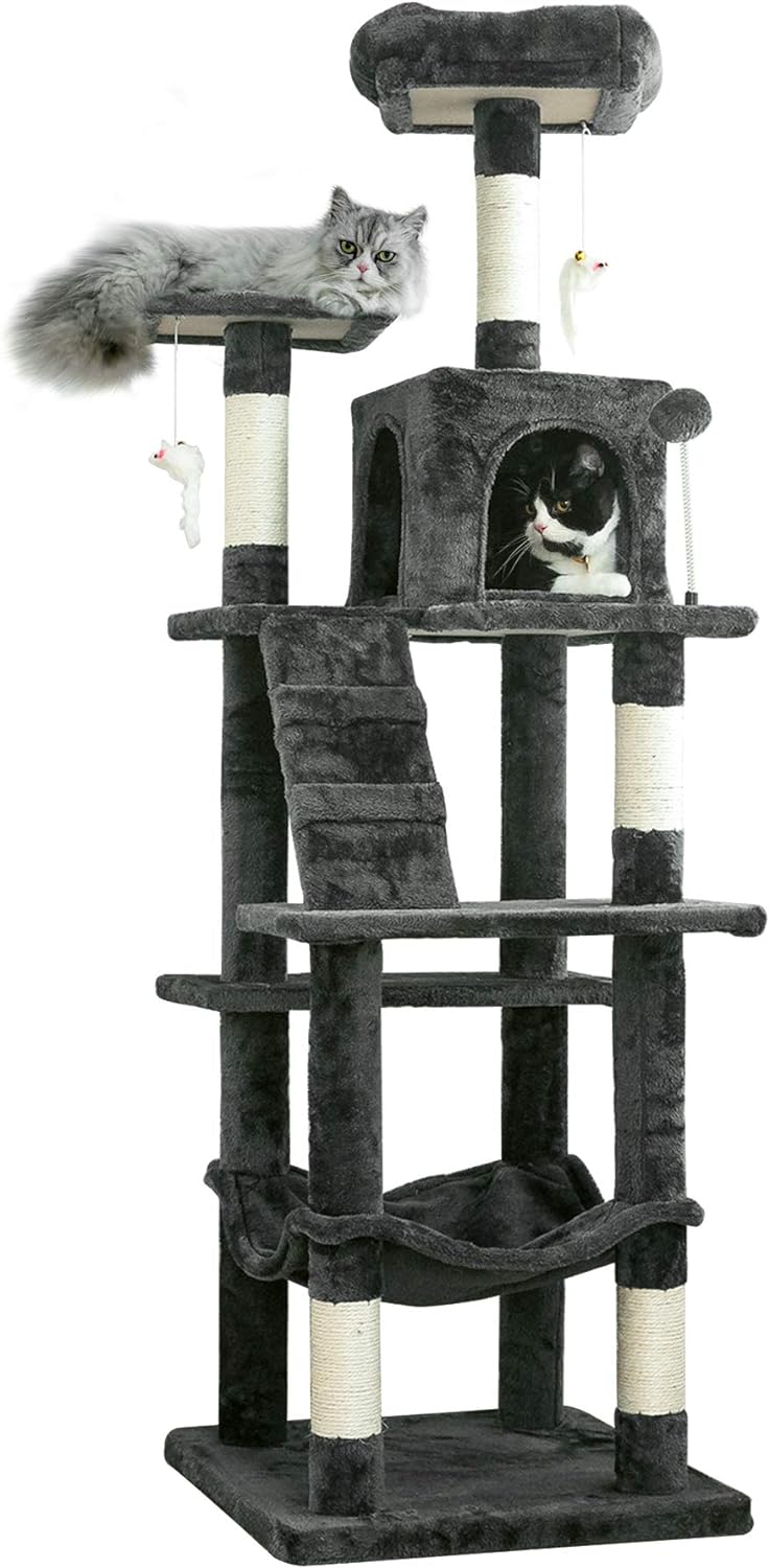 63.8 inches Multi-Level Cat Tree for Large Cats with Sisal-Covered Scratching Posts, Padded Platform, Hammock and Condo,