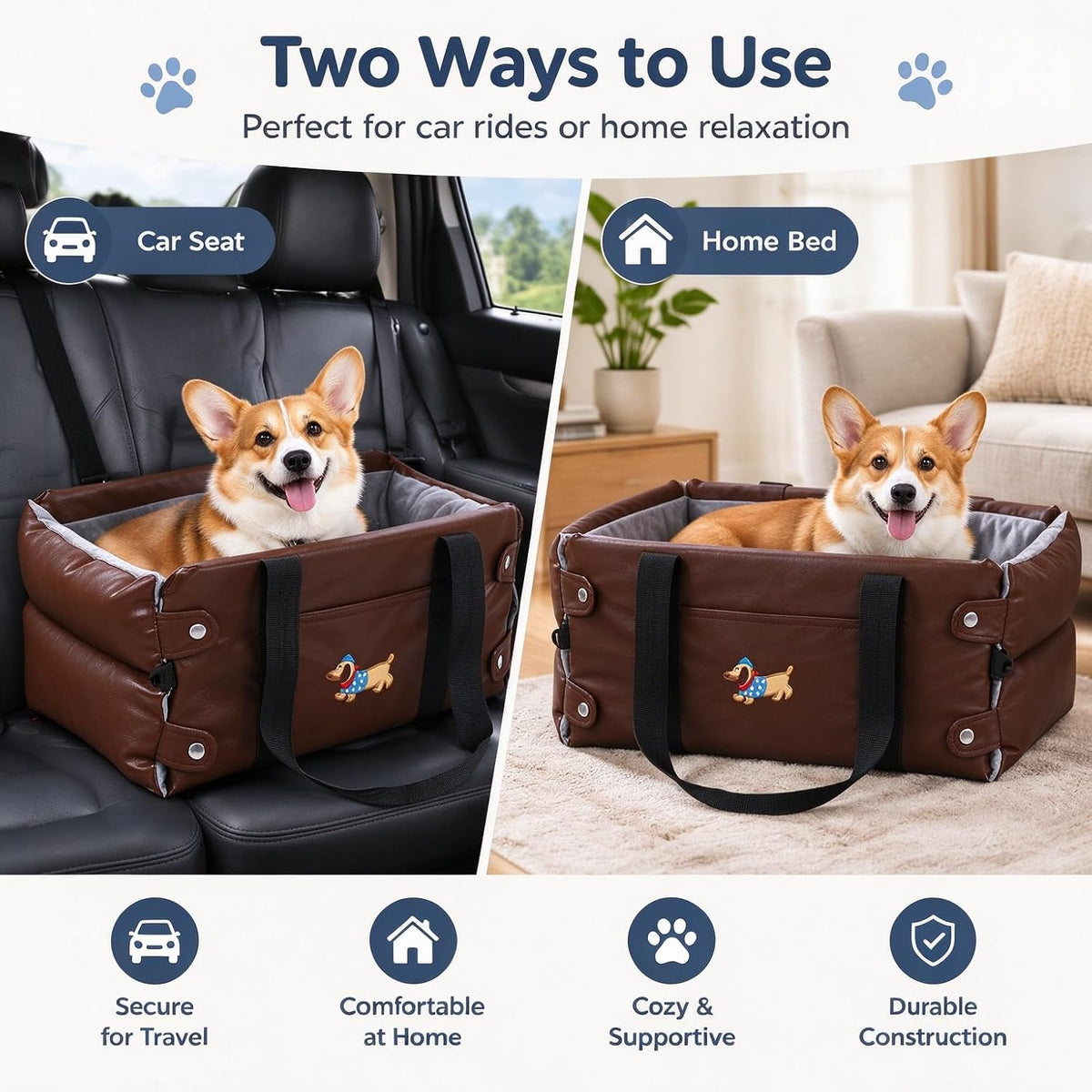 Dog Car Seat 2-in-1 Pet Bed, Soft Plush Travel Carrier for Small Pets