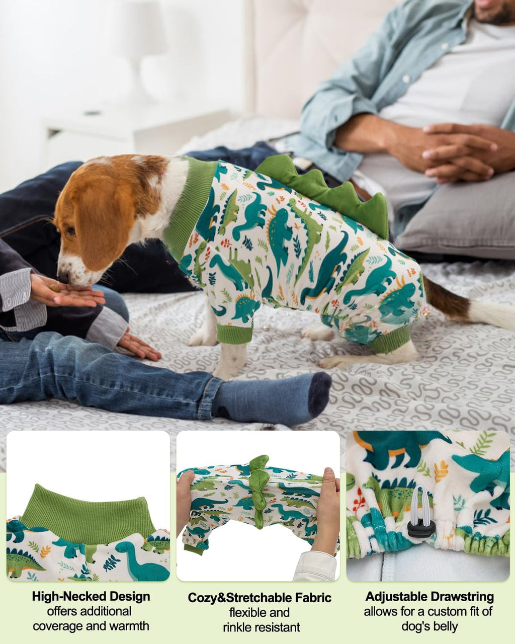 CuteBone Dinosaur Costume Dog Pajamas, Stretchy Spandex Crystal Velvet Sleepwear Coat for Small Dogs, Soft & Warm Pet Ou