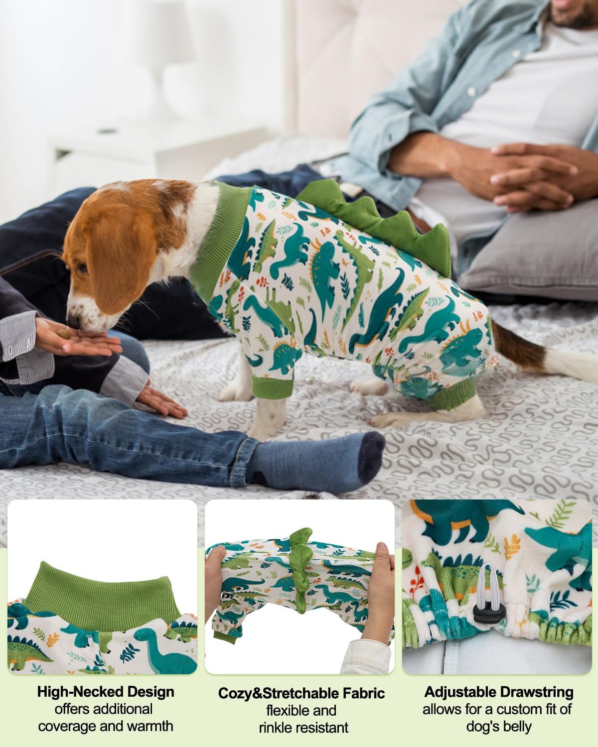 CuteBone Dinosaur Costume Dog Pajamas, Stretchy Spandex Crystal Velvet Sleepwear Coat for Small Dogs, Soft & Warm Pet Ou