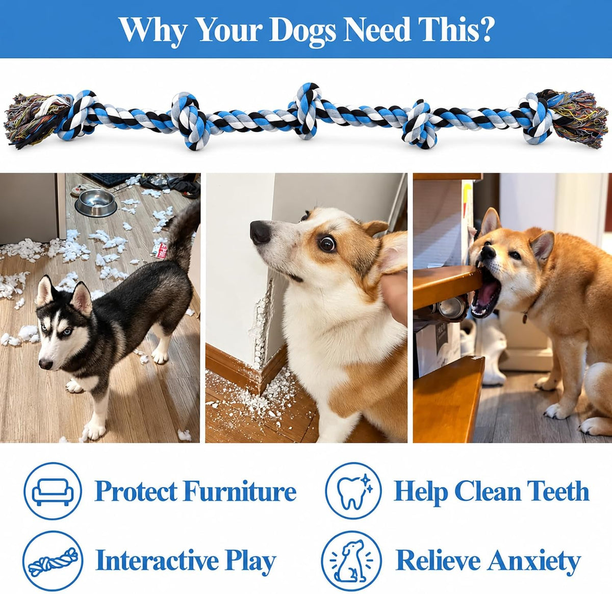 LECHONG Dog Toys for Aggressive Chewers Tough Rope Chew Toys for Large and Medium Dog 3 Feet 5 Knots Indestructible Cott