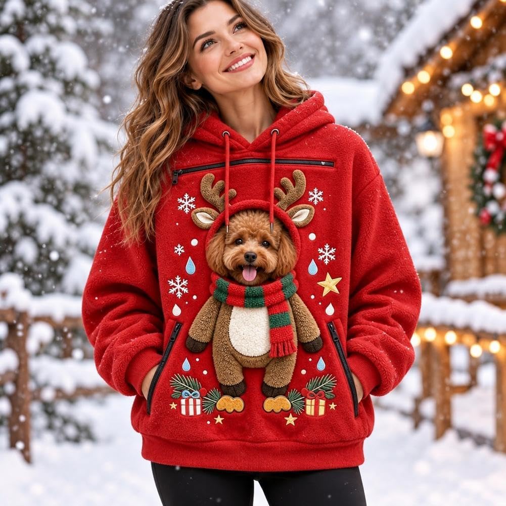Womens Mens Pet Pouch Santa Hoodie Zip Cat Carrier Christmas Sweatshirt