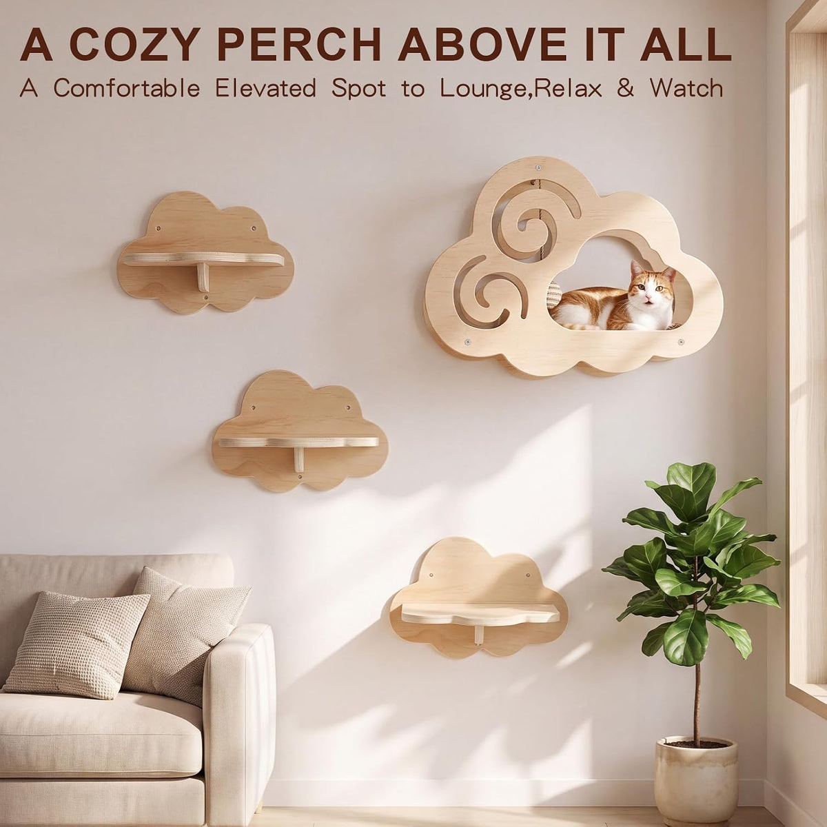 Lineshading Cloud Shaped cat Wall Shelves for Indoor Cats Wood 15 x 11 Inch