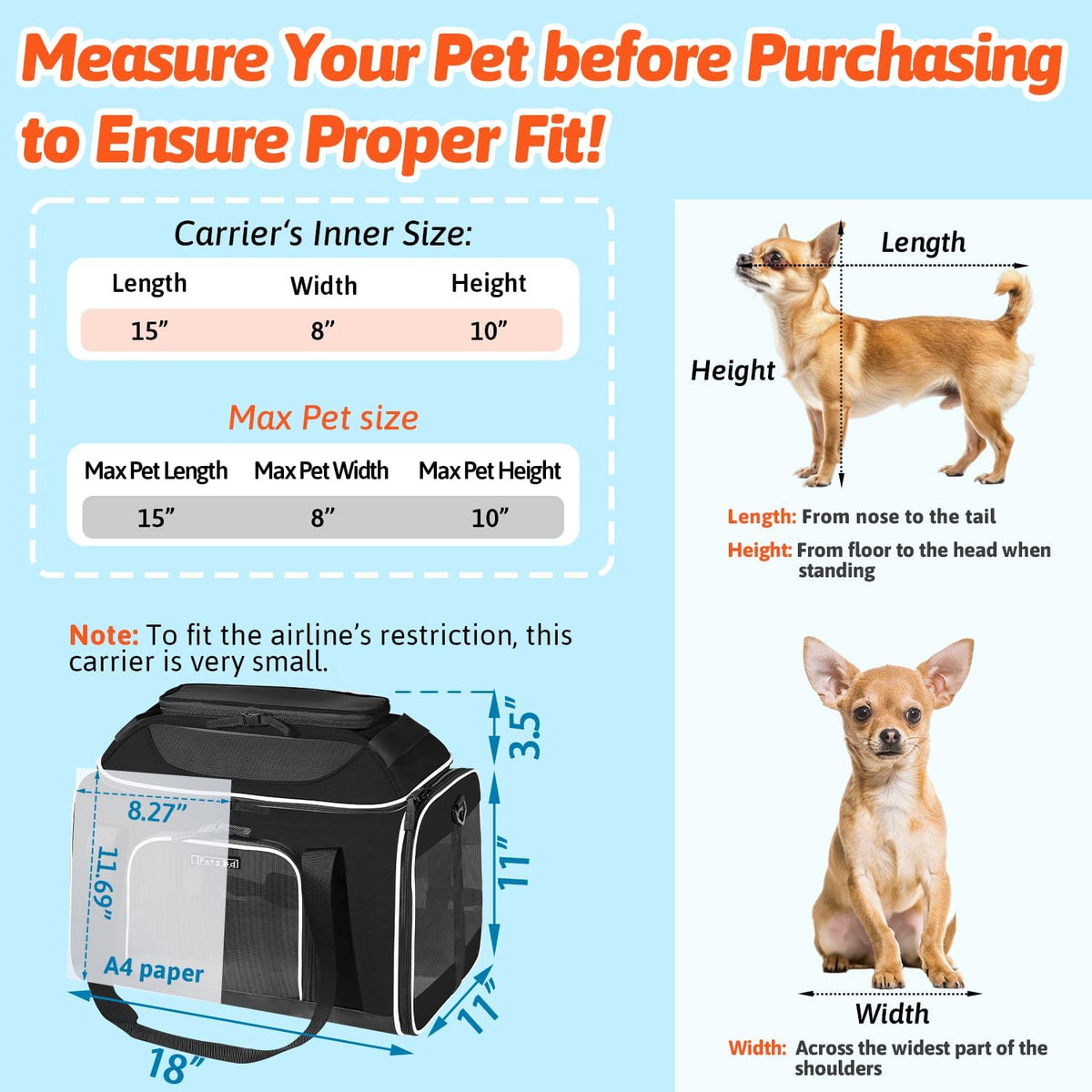 Top-Expandable Small Pet Carrier 18"x11"x11" Airline Approved