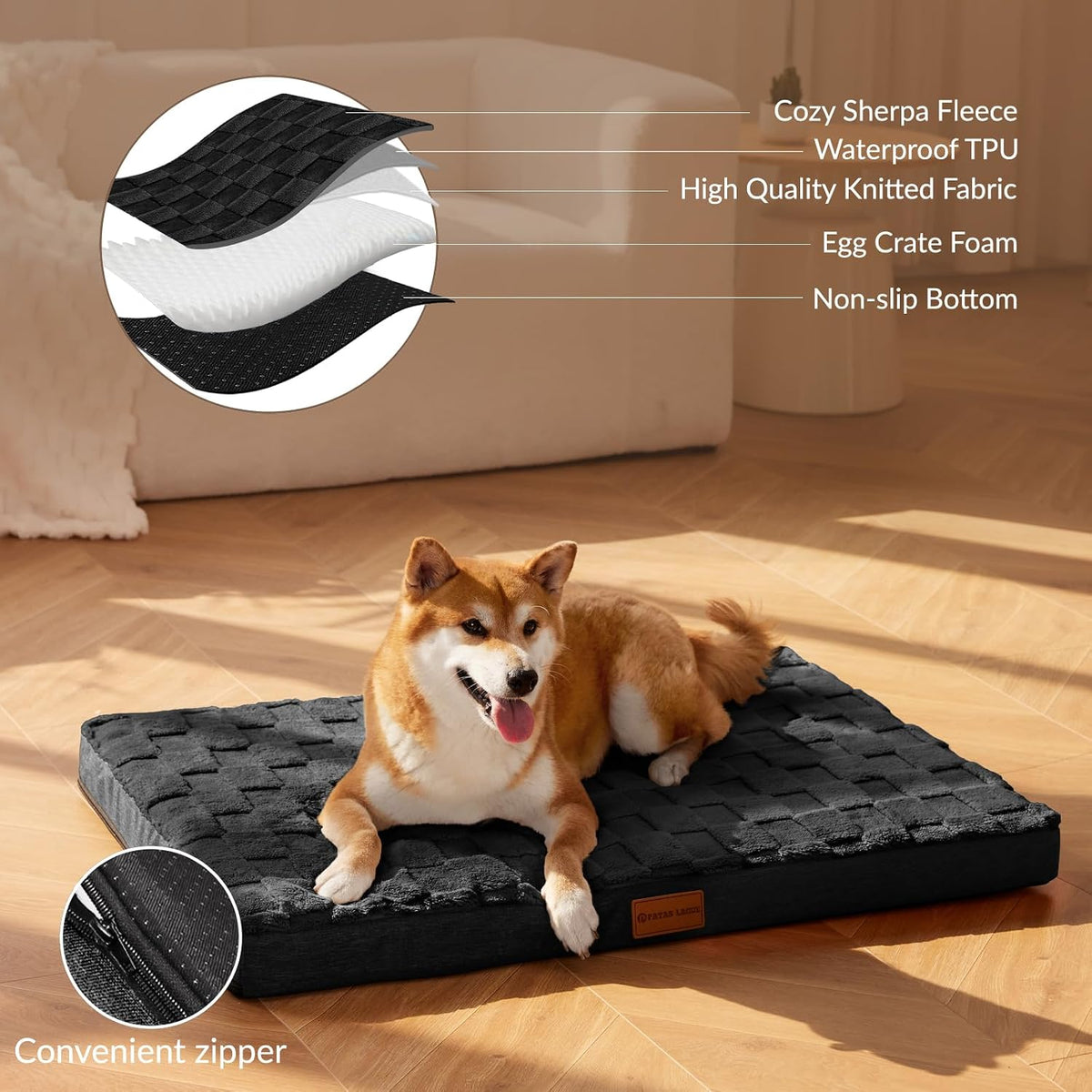 Patas Lague Orthopedic Large Dog Bed Washable Pet Crate Mat 36''X24'' Black