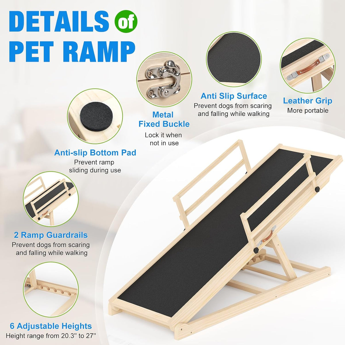 Dog Ramp for Bed, 47'' Long 20.3''-27'' Adjustable Height Pet Ramp