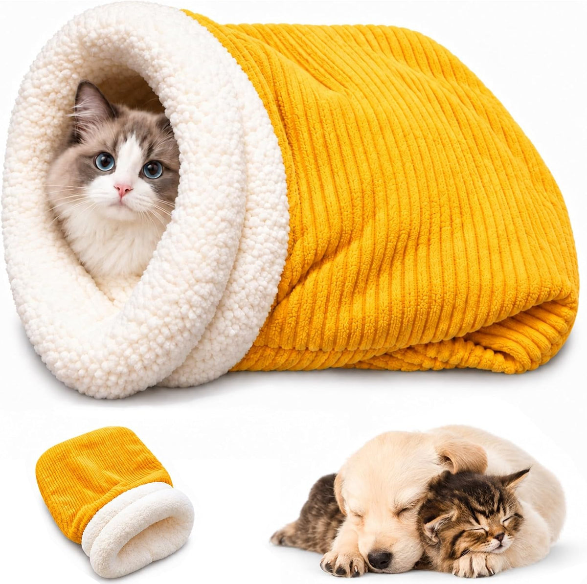 Cat Sleeping Bag for Indoor Cats, Plush Cat Sack Bed with Cozy Cave Opening
