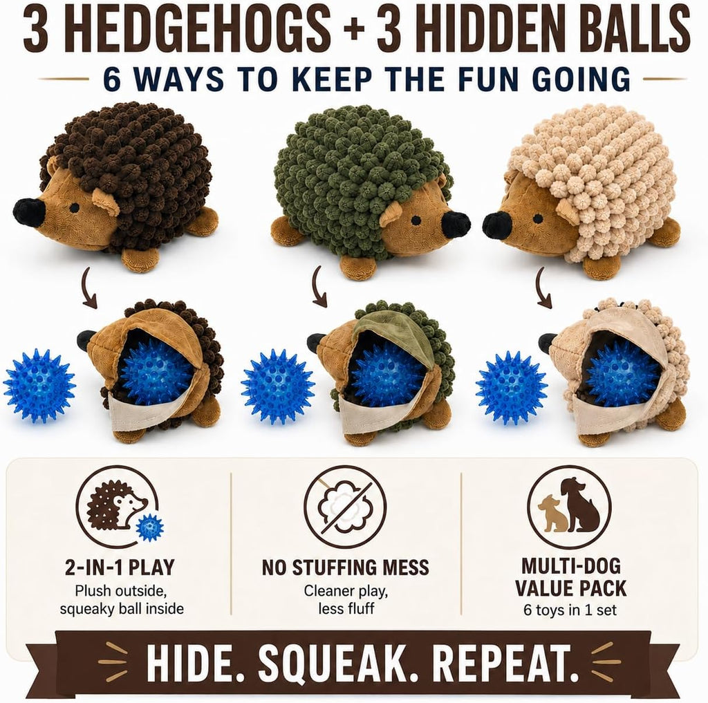 2-in-1 No-Stuffing Hedgehog Dog Toys 3 PCS, Squeaky Ball for Throwing Play