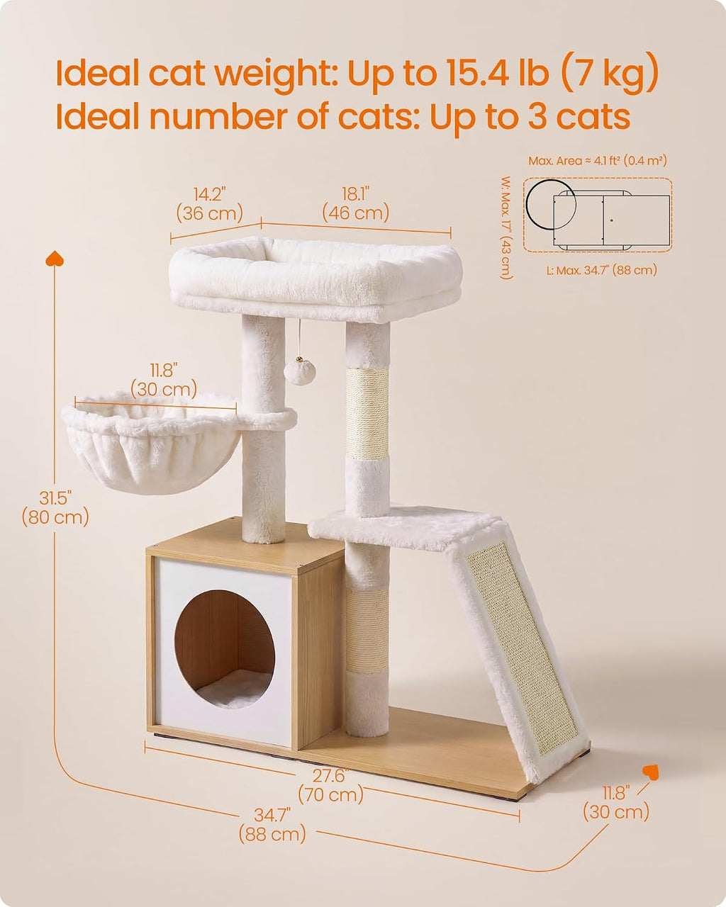 Feandrea Cat Tree, 3-Tier Cat Tower with Scratching Post and Wood Condo