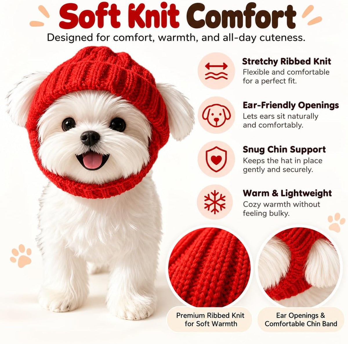 Warm Knitted Dog Beanie Hat with Ear Holes, Stretch Ribbed Winter Pet Headwear with Chin Strap, Cute Cold Weather Dog Ca