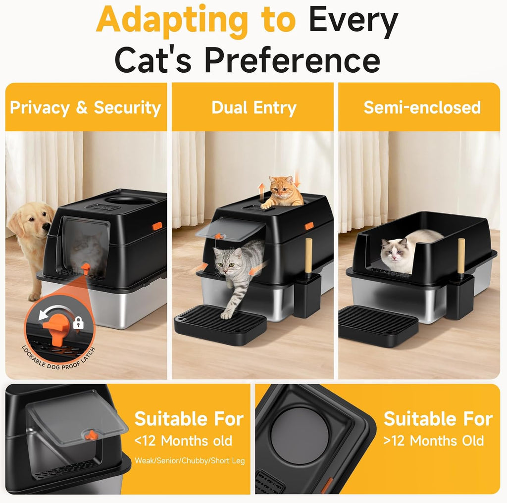 XL Enclosed Stainless Steel Litter Box with Lid & Mat,Black