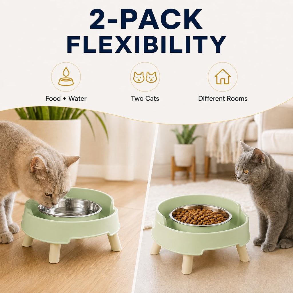 Ant Proof Elevated Cat Bowls with Stainless Steel Bowls (Green-2Pcs)