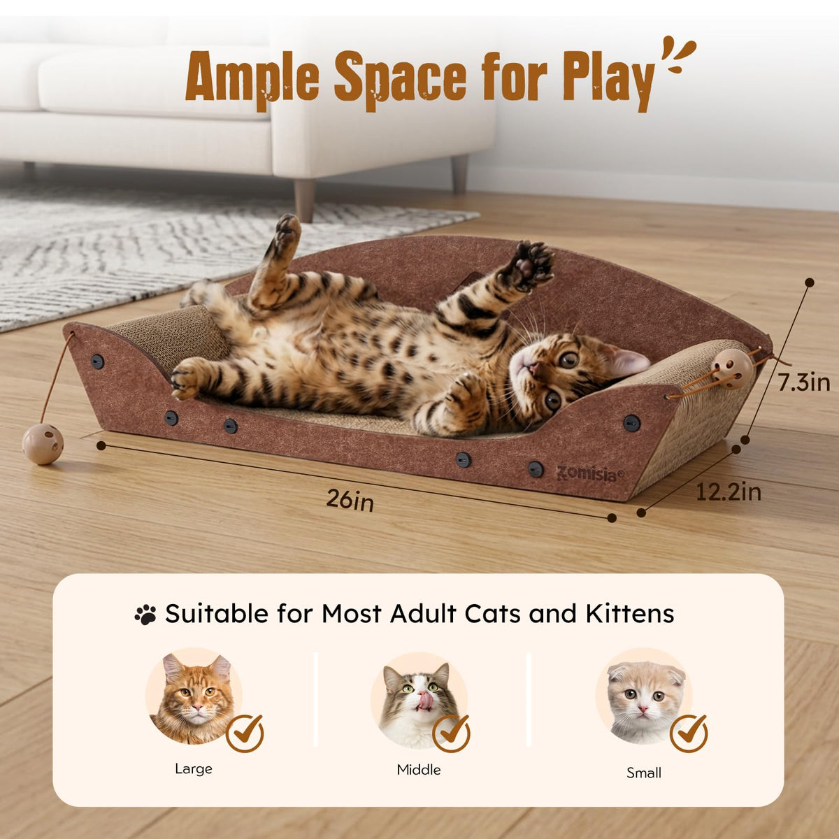 ZOMISIA 26'' Cardboard Cat Scratcher Bed for Indoor Cats, 1PC, Brown