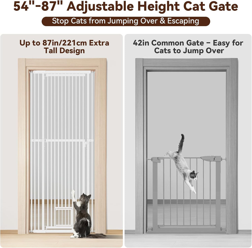 54"-87" Height Adjustable Extra Tall Cat Gate for Doorway, 27.1"-33" Wide Pet Gate with Cat Door & Extension Kits, Press