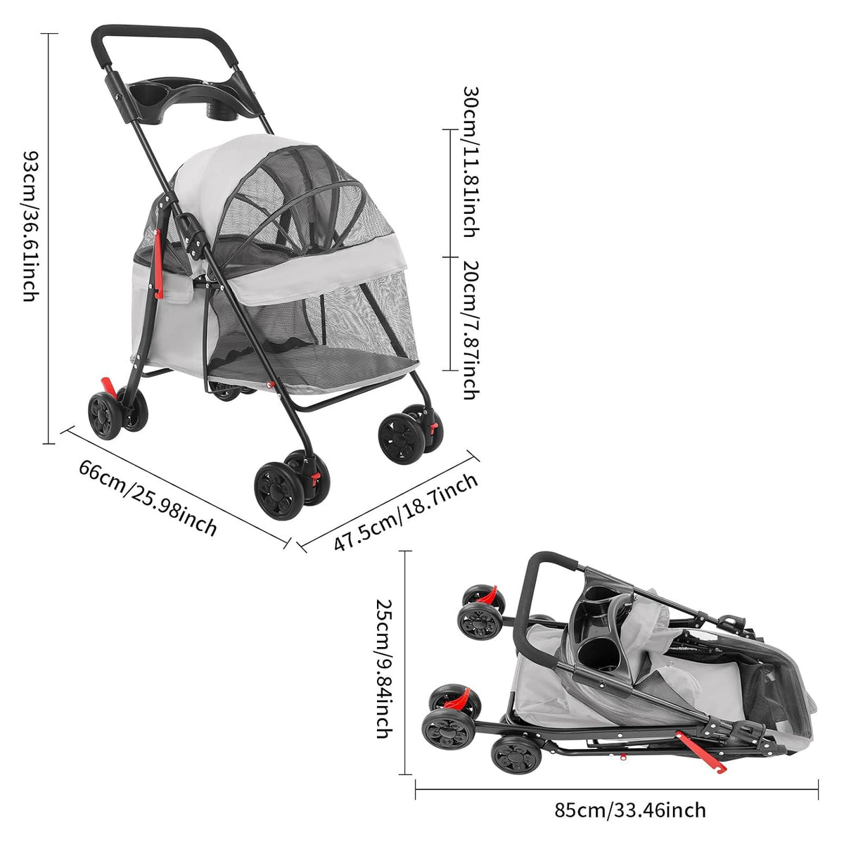 Pet Stroller for Small/Medium Dogs & Cats, Foldable 4 Wheels Dog Strollers