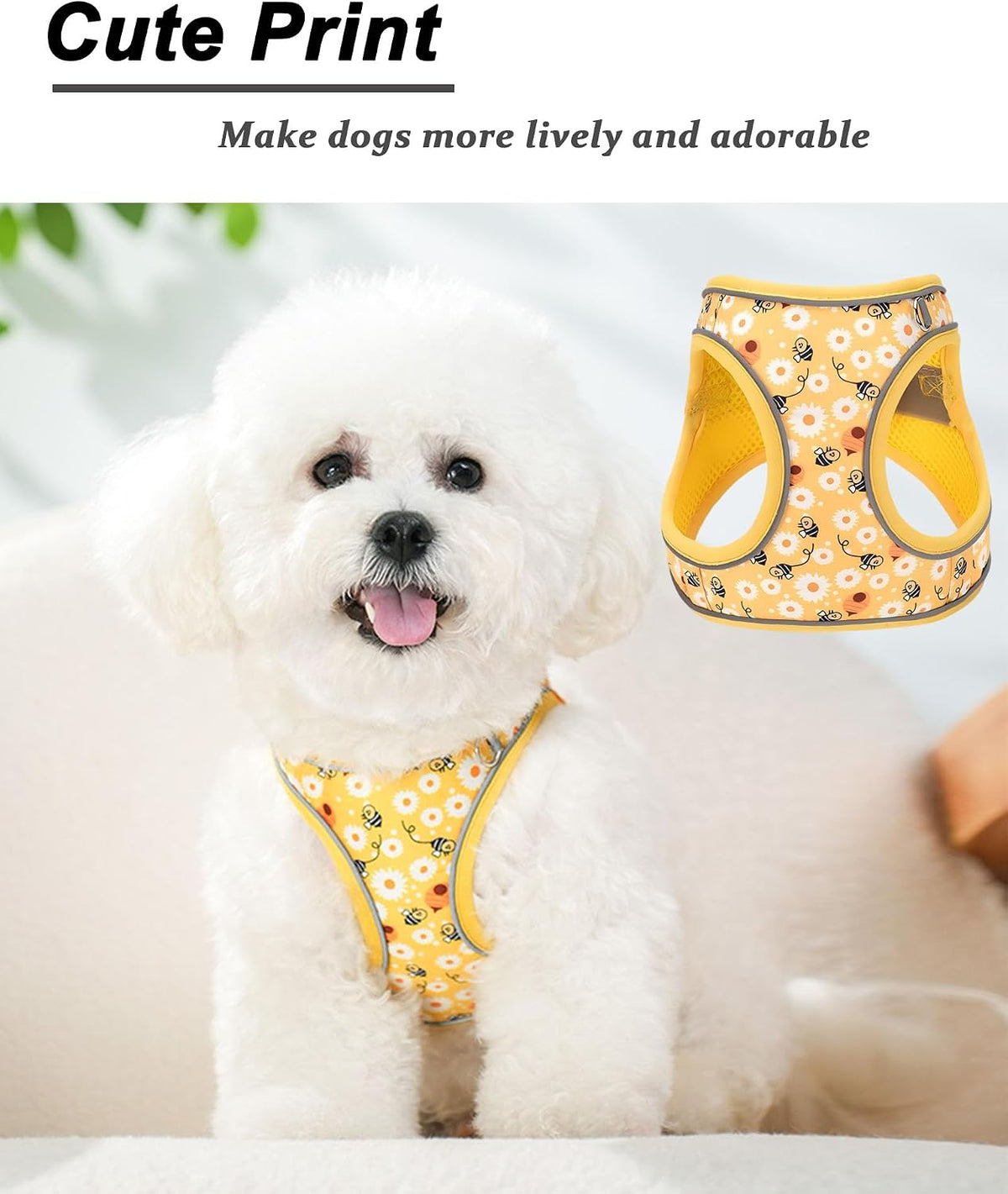 XXS Yellow Flower Pattern Dog Harness and Leash Set,No Escape Harnesses for Training Walking，Breathable Adjustable Puppy