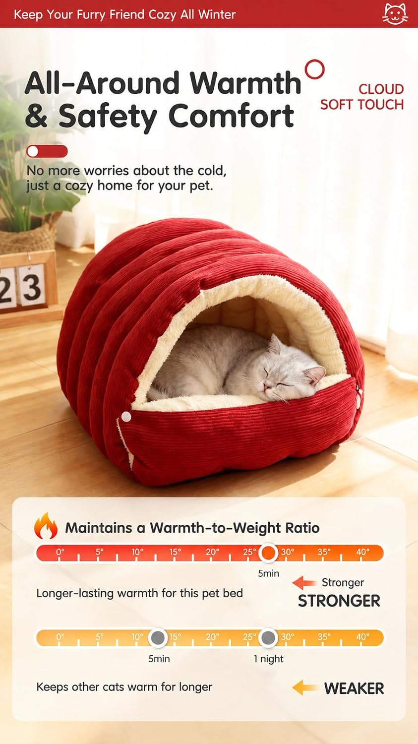 Cat Houses Bed for Indoor Cats, Cat Bed Cave Cat House (Red, S)