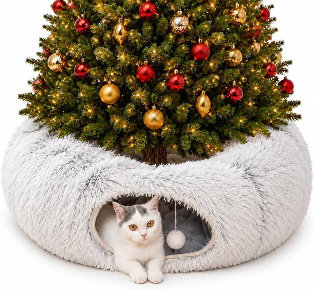 Fluffy Cat Tunnel Bed Under Christmas Tree, Plush Warm White