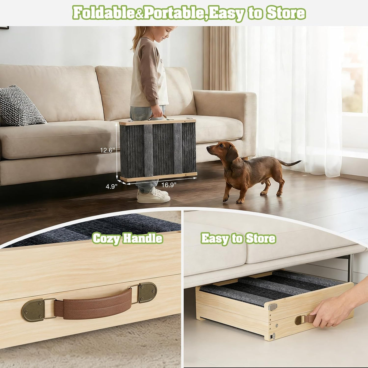 Upgraded Dog Ramp for Couch, Foldable Wooden Pet Ramp, Portable Pet Steps