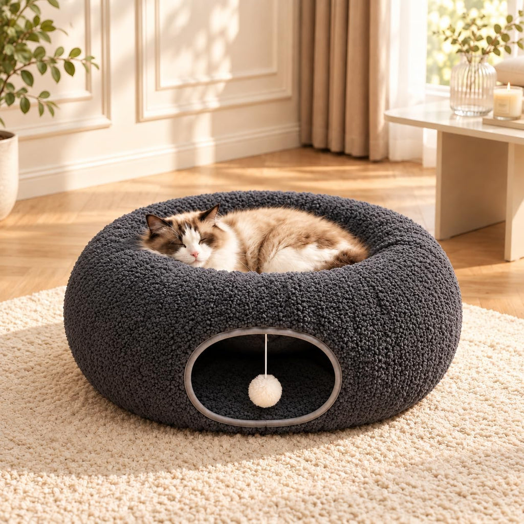 Cat Tunnel Bed with 2 Catnip Fish Toys, Interactive Cat Toys, Dark Grey