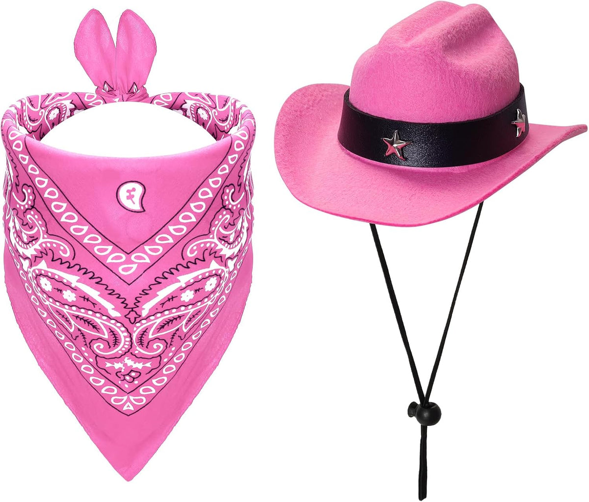 Fumwase Pet Cowboy Costume Hats with Bandana, Pink Hat + Pink, Small