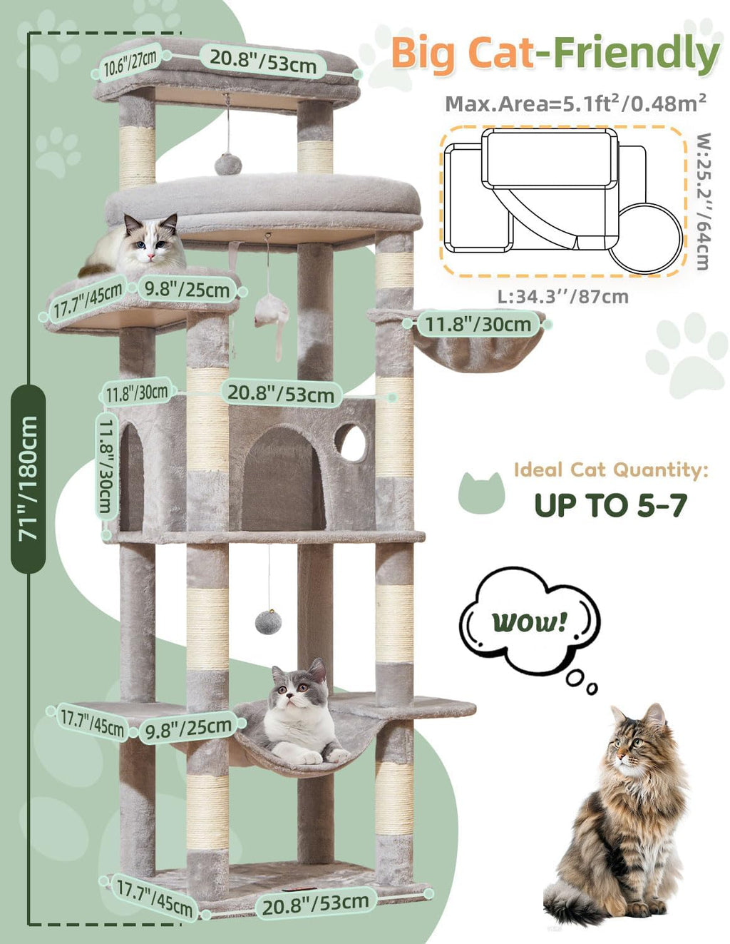 Taoqimiao Heavy-Duty Cat Tree, 71 in Cat Tower for Large Cats 20lbs+