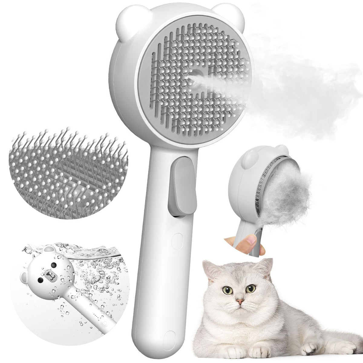 Cat Steam Brush with 2 Spray Levels & Release Button 4-in-1 Cat Water Brush