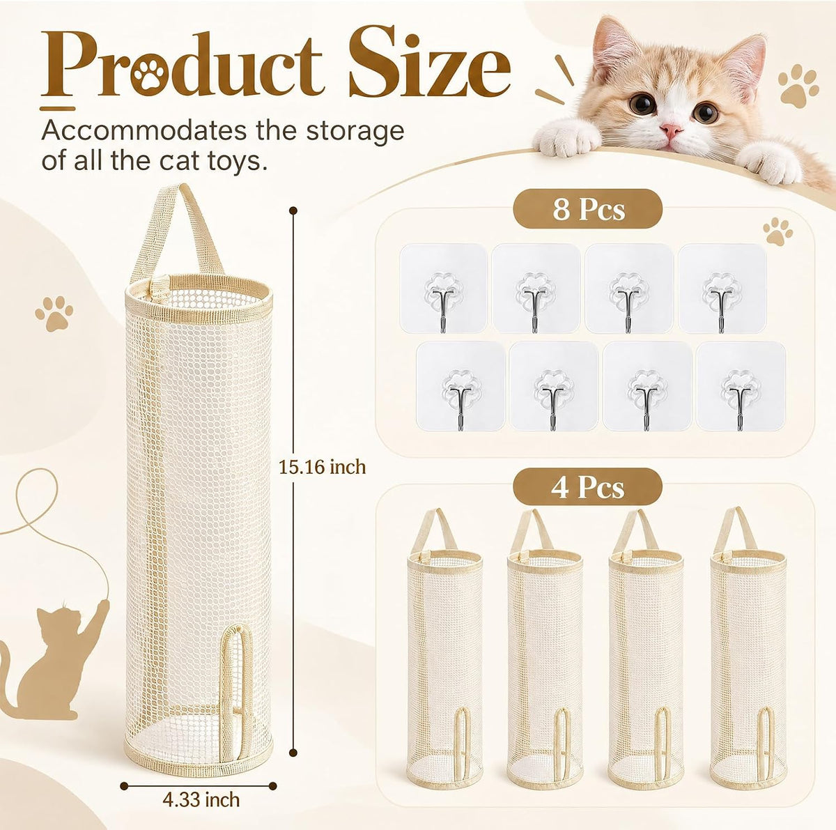 Hsei 4 Pack 15.16" Cat Wand Toy Organizer, Mesh Storage Bag Holder & Hooks